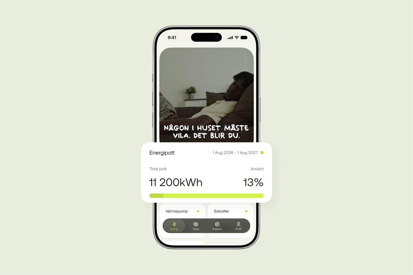 Elvy-appens energiflik med energipotten och hur mycket som är använt