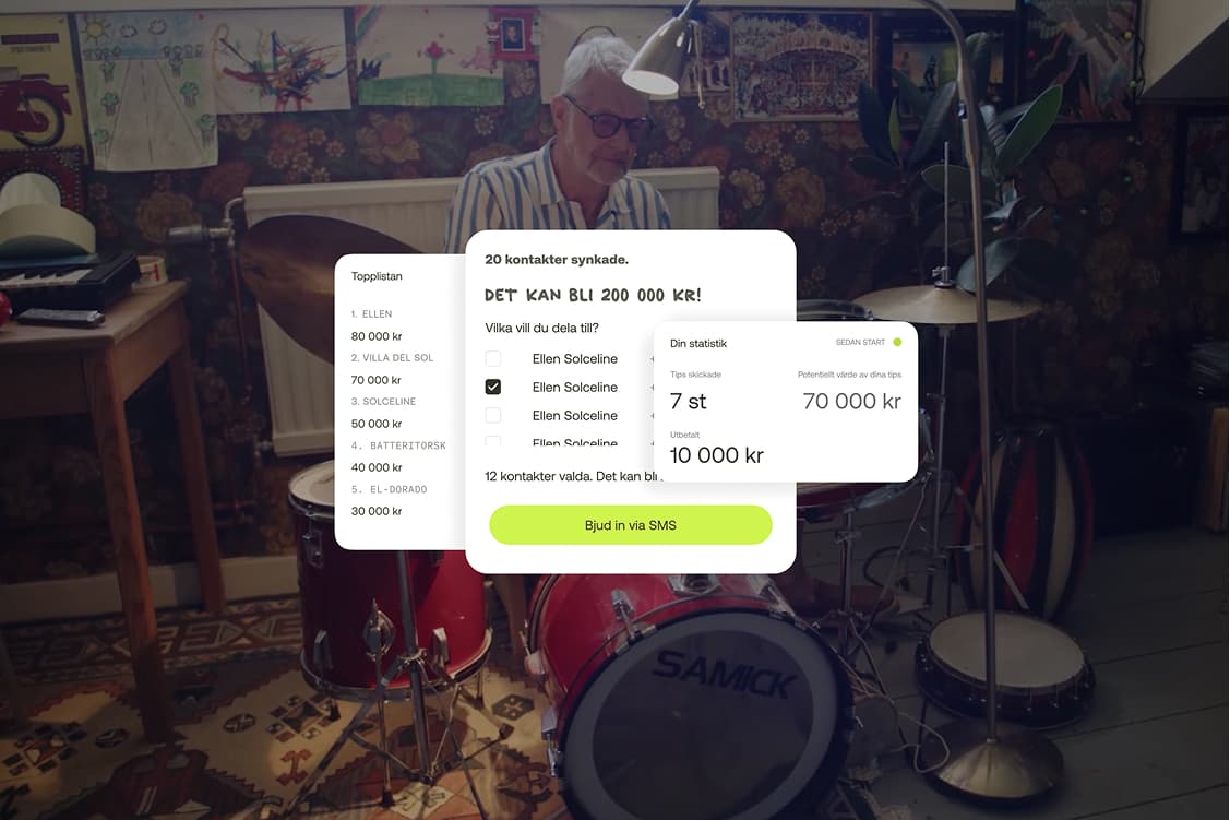 Elvy-appens tipsvy med synkade kontakter och topplista, över ett rum med trumset