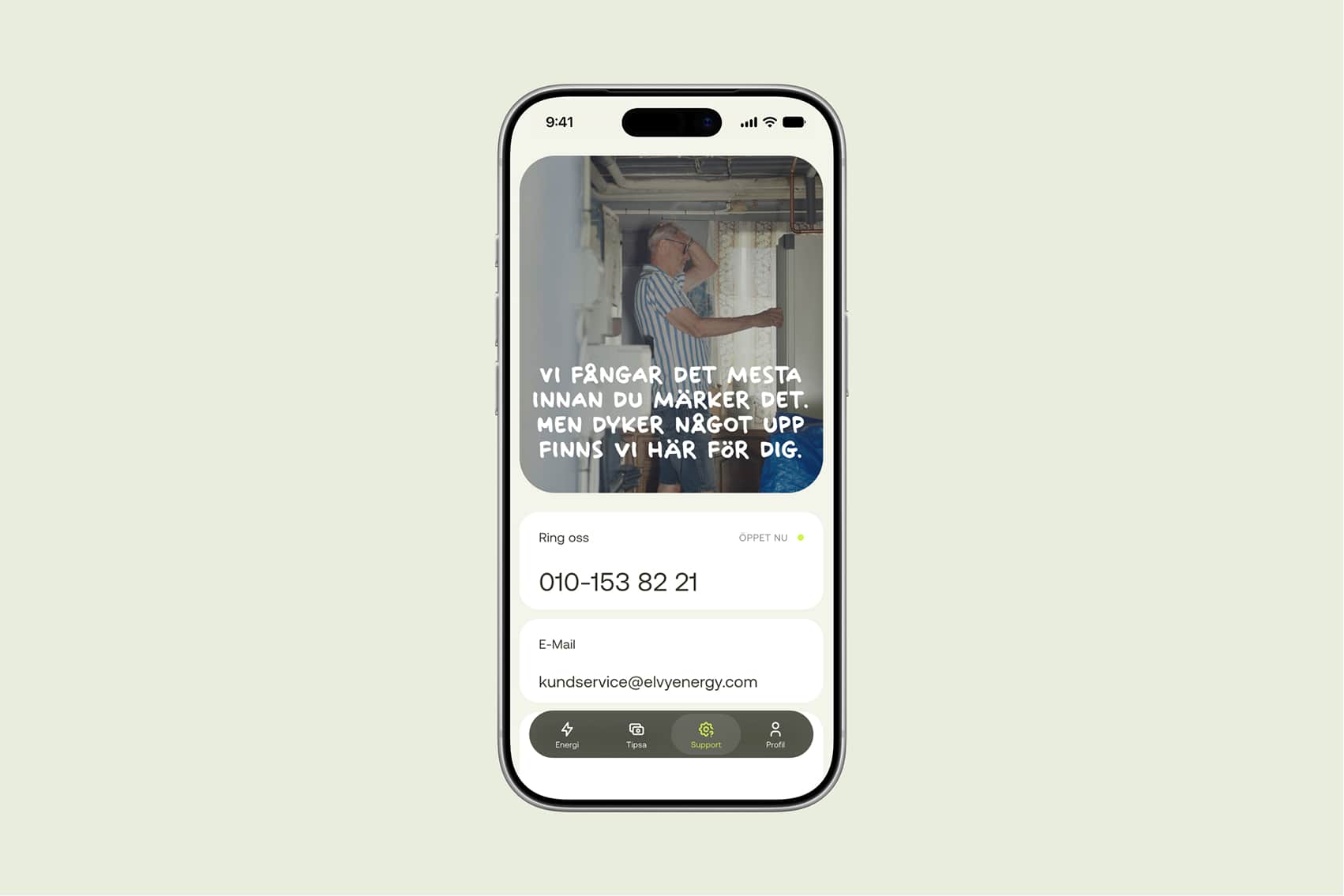 Elvy-appens supportflik med telefonnummer och mejladress till kundservice