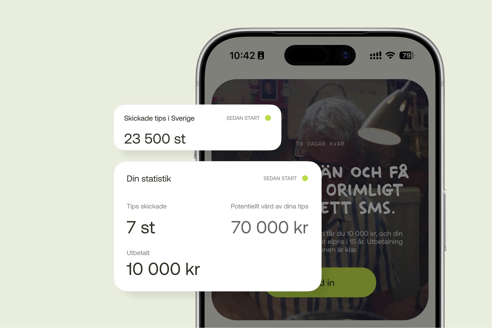 Elvy-appens tipsflik med skickade tips, potentiellt värde och utbetalt belopp