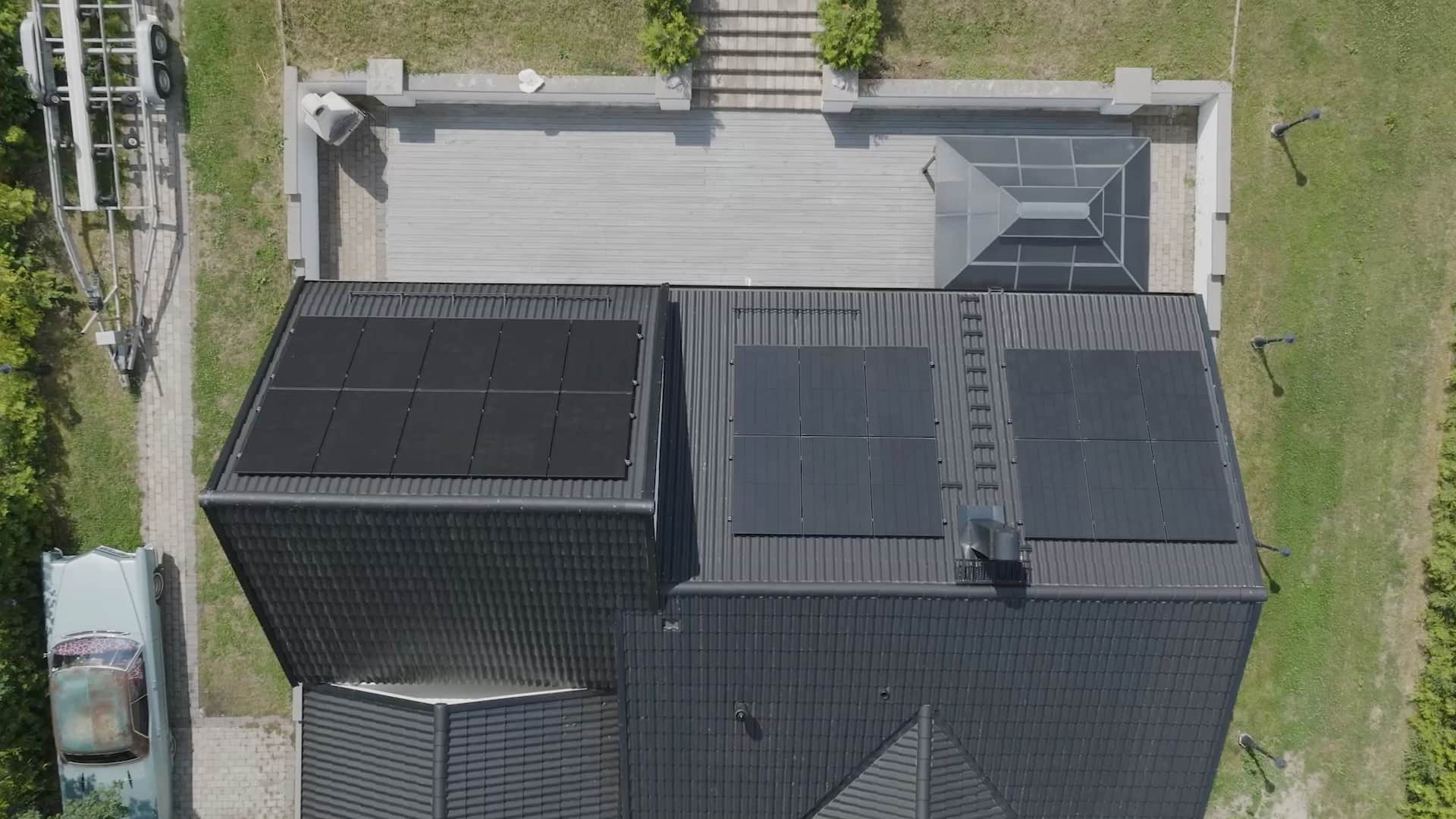 Overhead drone shot of Elvy solar panels on a house roof