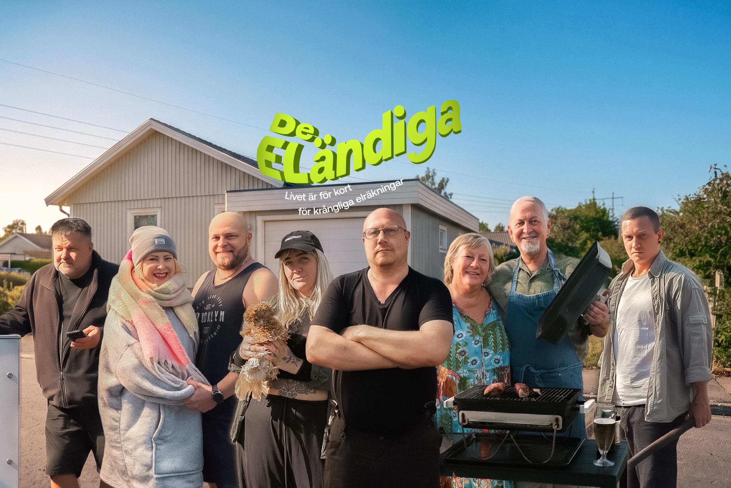 De Eländiga: the people in the series gathered in front of a house, by a barbecue