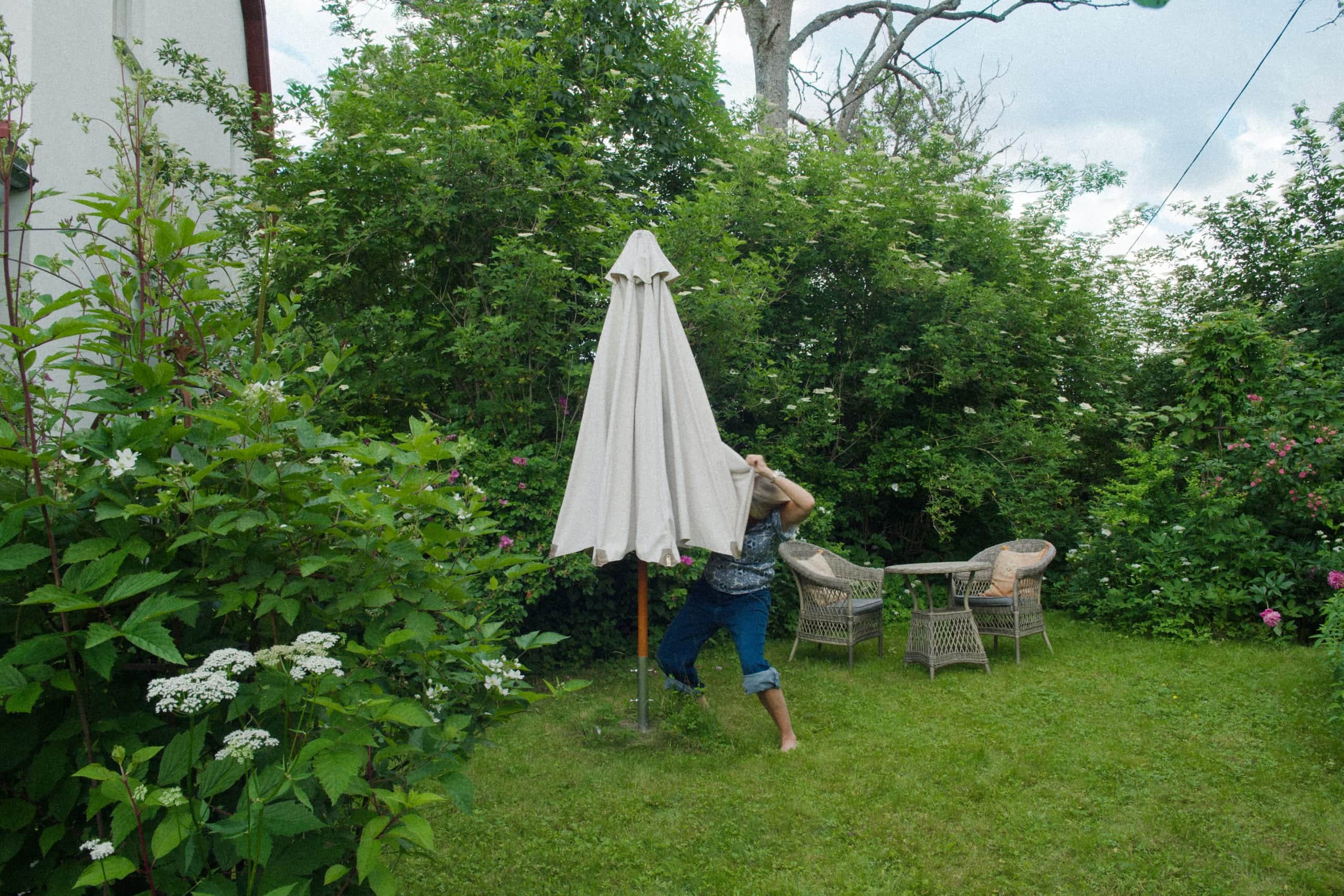 Garden at an Elvy summer house with a parasol